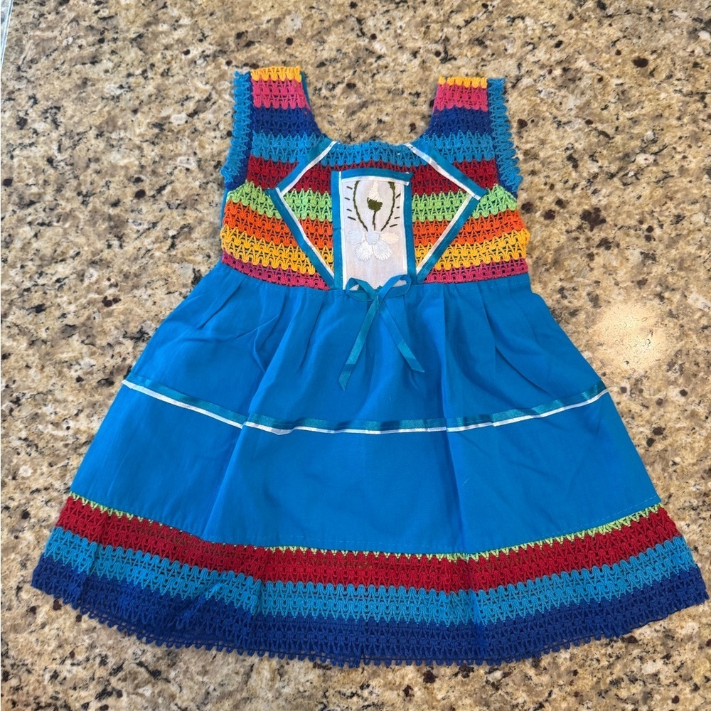 Mexico Latin Colorful Hand-Crocheted Blue Rainbow Girls Dress 12 months NEW